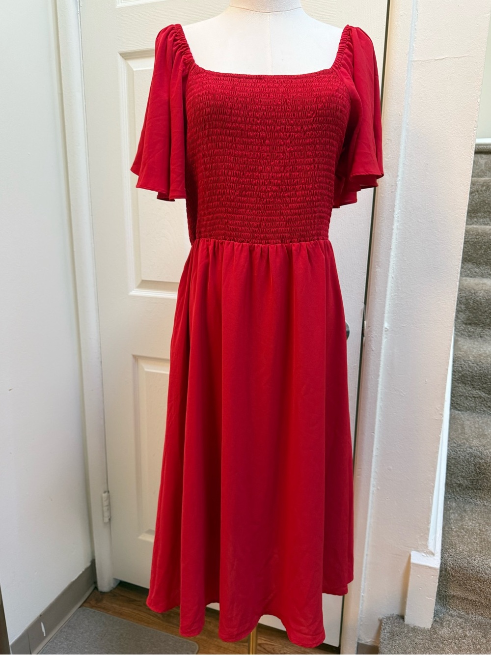 Red Midi Dress with Smocked Bodice